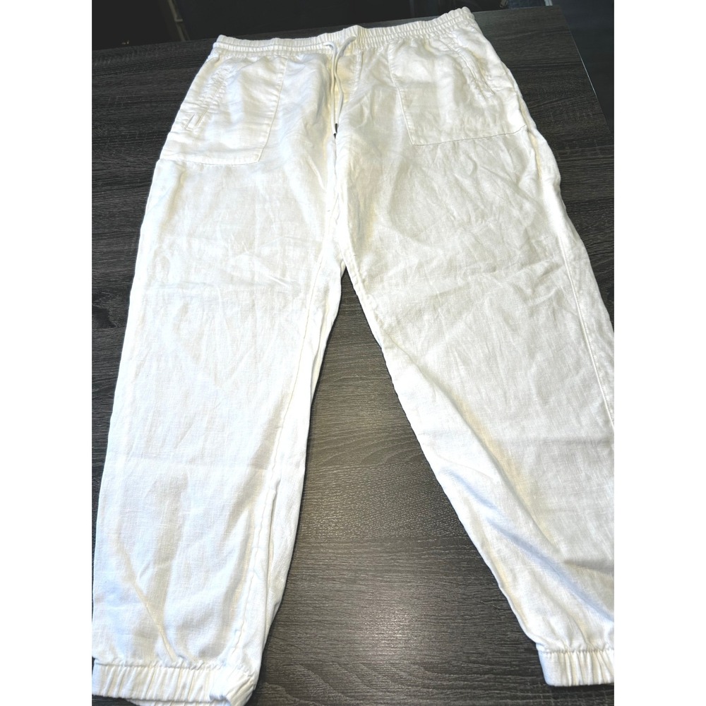 Athleta White Linen Blend Jogger Pants Drawstring Elastic Waist Athleisure Sz 14